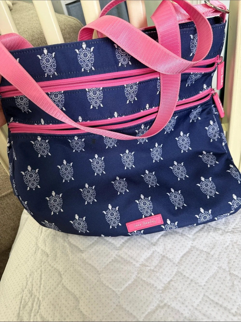 Vera Bradley Navy Turtle Print Shoulder Bag with Pink Accents